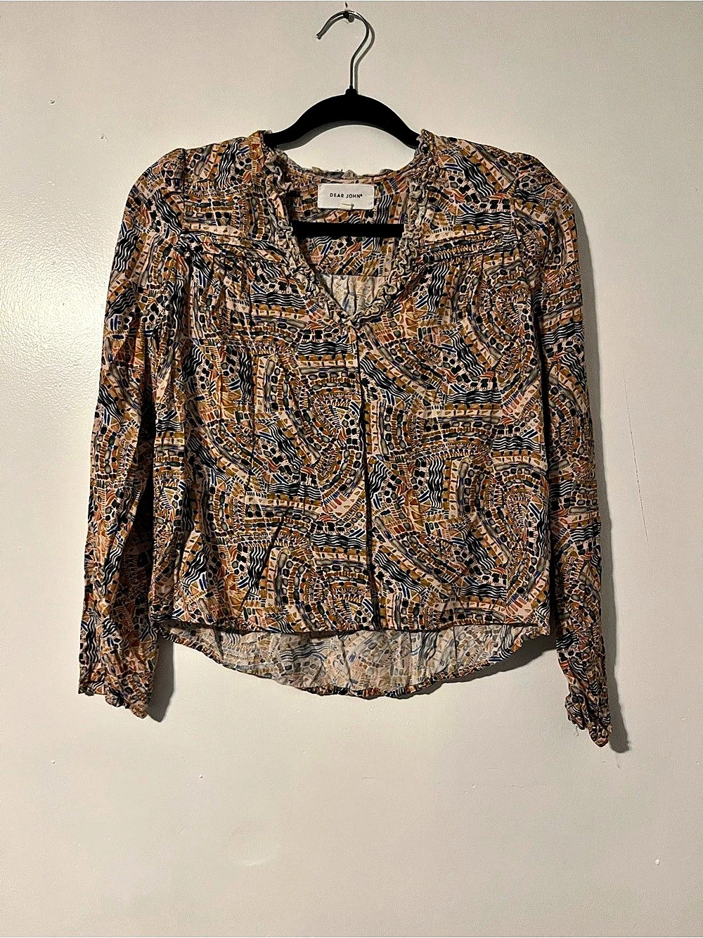 Dear John Abstract Long Sleeve Blouse in Brown & Black Size XS